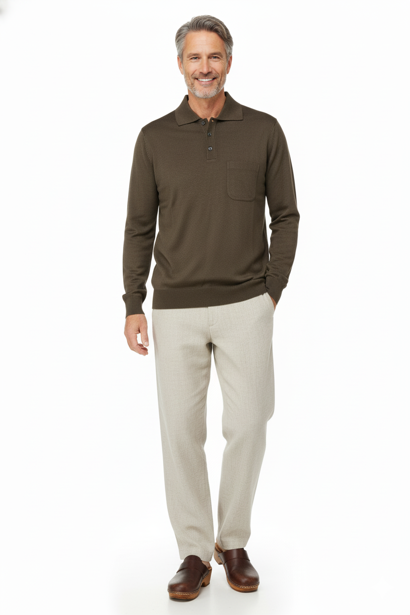 Oppland Erkek Kazak Premium Yün Tarzı Klasik Polo Yaka Düğmeli Cepli Rahat Tam Kalıp